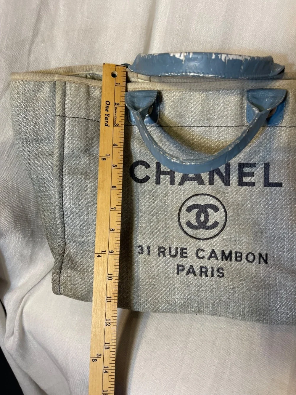 CHANEL Beige Canvas Tote with Blue Handles